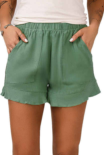 Green Casual High Waist Pocketed Ruffle Shorts