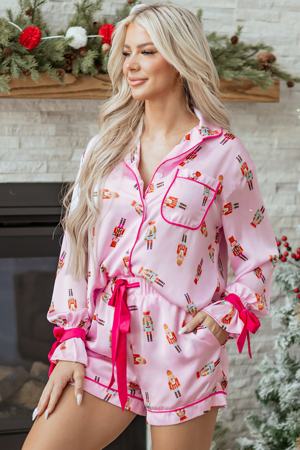 Beige Nutcracker Print Contrast Trim Tied up Bow Silky 2pcs Pajama Set Dear-Lover Dropshipping