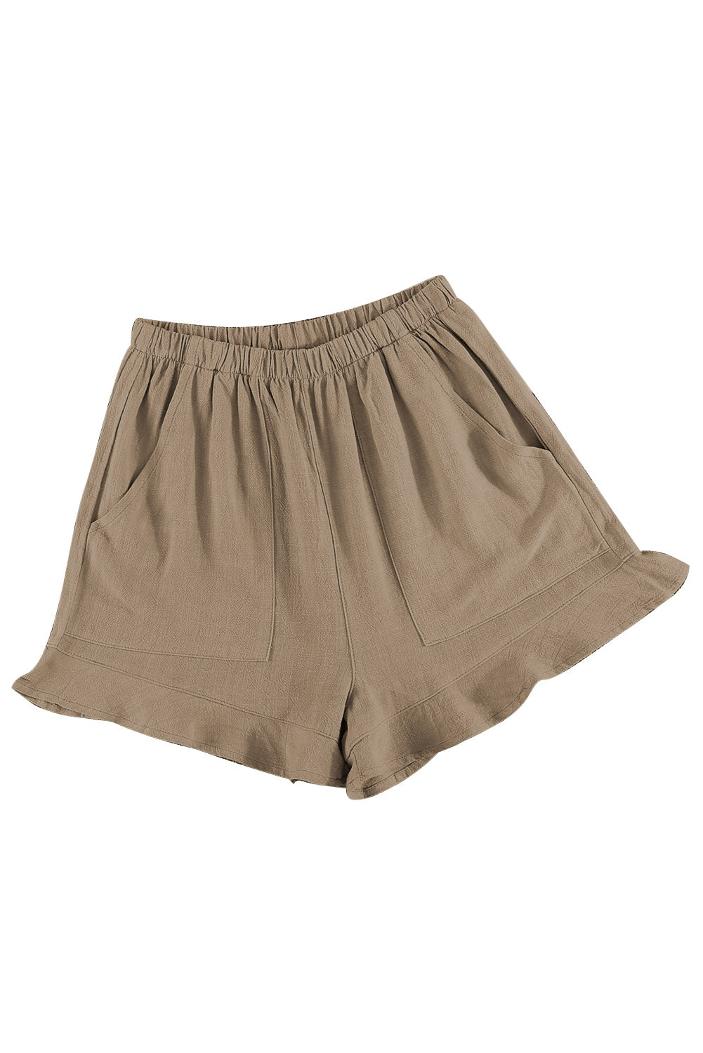 Khaki Casual Pocketed Ruffle High Waist Shorts