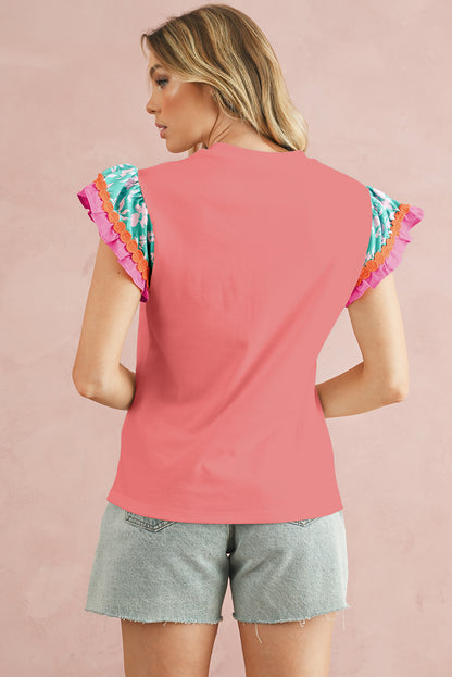 Peach Blossom Ricrac Applique Floral Sleeve Textured Blouse