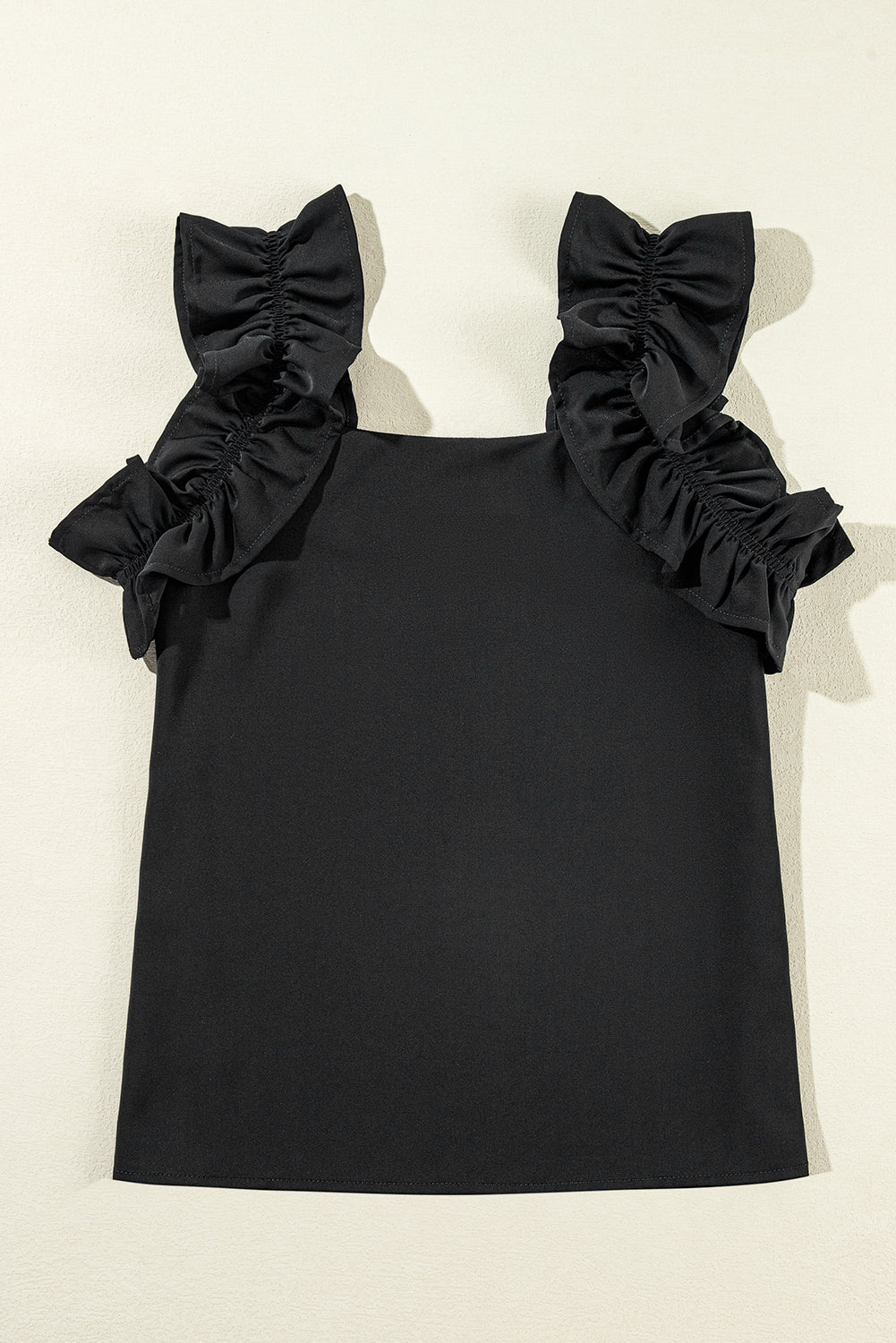 Black Solid Ruffle Trim Sleeveless Blouse