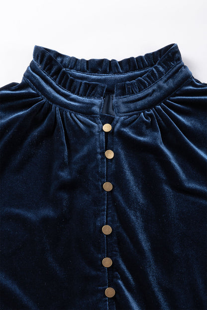 Navy Blue Frilled Buttoned V Neck Velvet Blouse