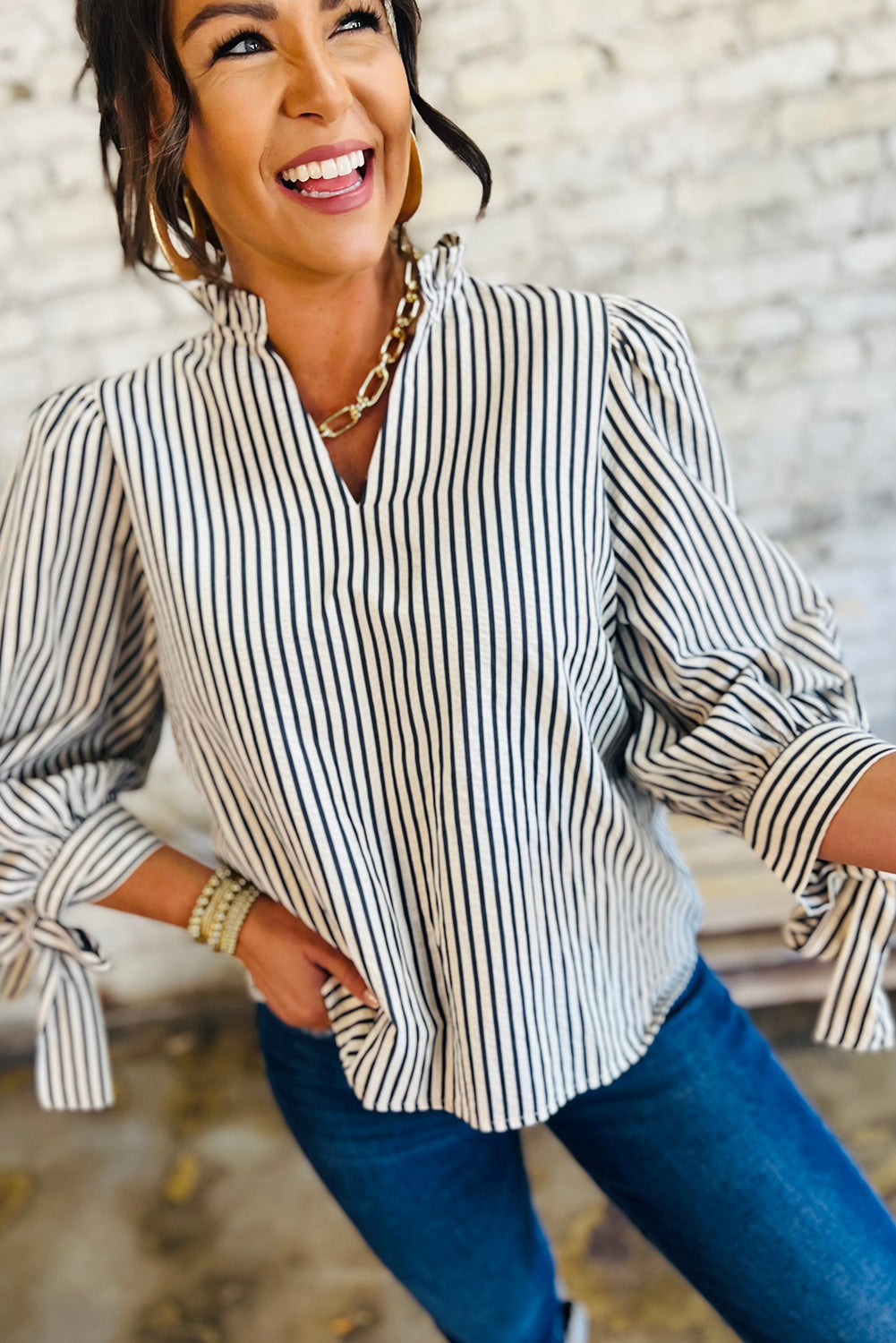 Black Stripe Frill V Neck Knot Cuffs Blouse Shewin