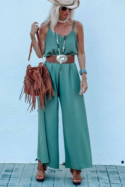 Green Spaghetti Straps Wide Leg Jumpsuit