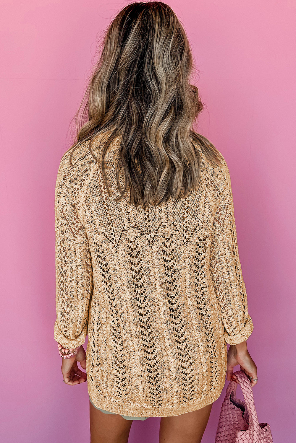 Apricot Solid Color Hollow Knit Open Front Cardigan