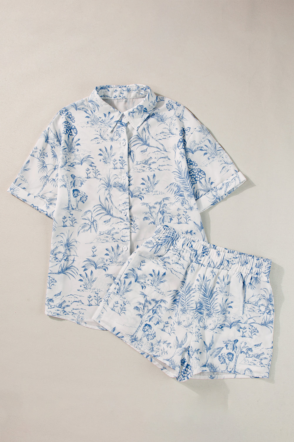 Sky Blue Tropical Print Button-Up Shirt & Shorts Lounge Set