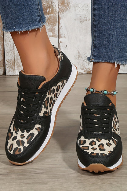 Black Casual Leopard Patchwork Lace up Sneakers