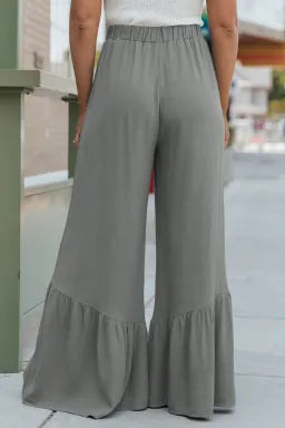 Grey Cotton High Waist Ruffled Wide Leg Pants