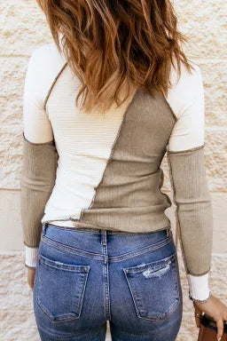 White & Tan Color Block Exposed Seam Long Sleeve Top