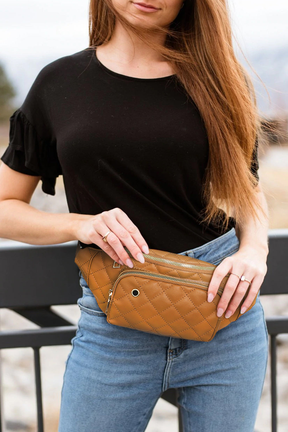 Brown Rhombus Pattern Simple Waist Bag