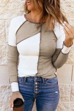 White & Tan Color Block Exposed Seam Long Sleeve Top