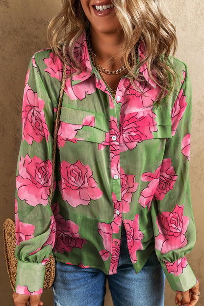 Green Floral Print Pleated Detail Puff Sleeve Shirt****