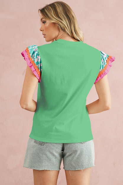 Light Green Ricrac Applique Floral Sleeve Textured Blouse