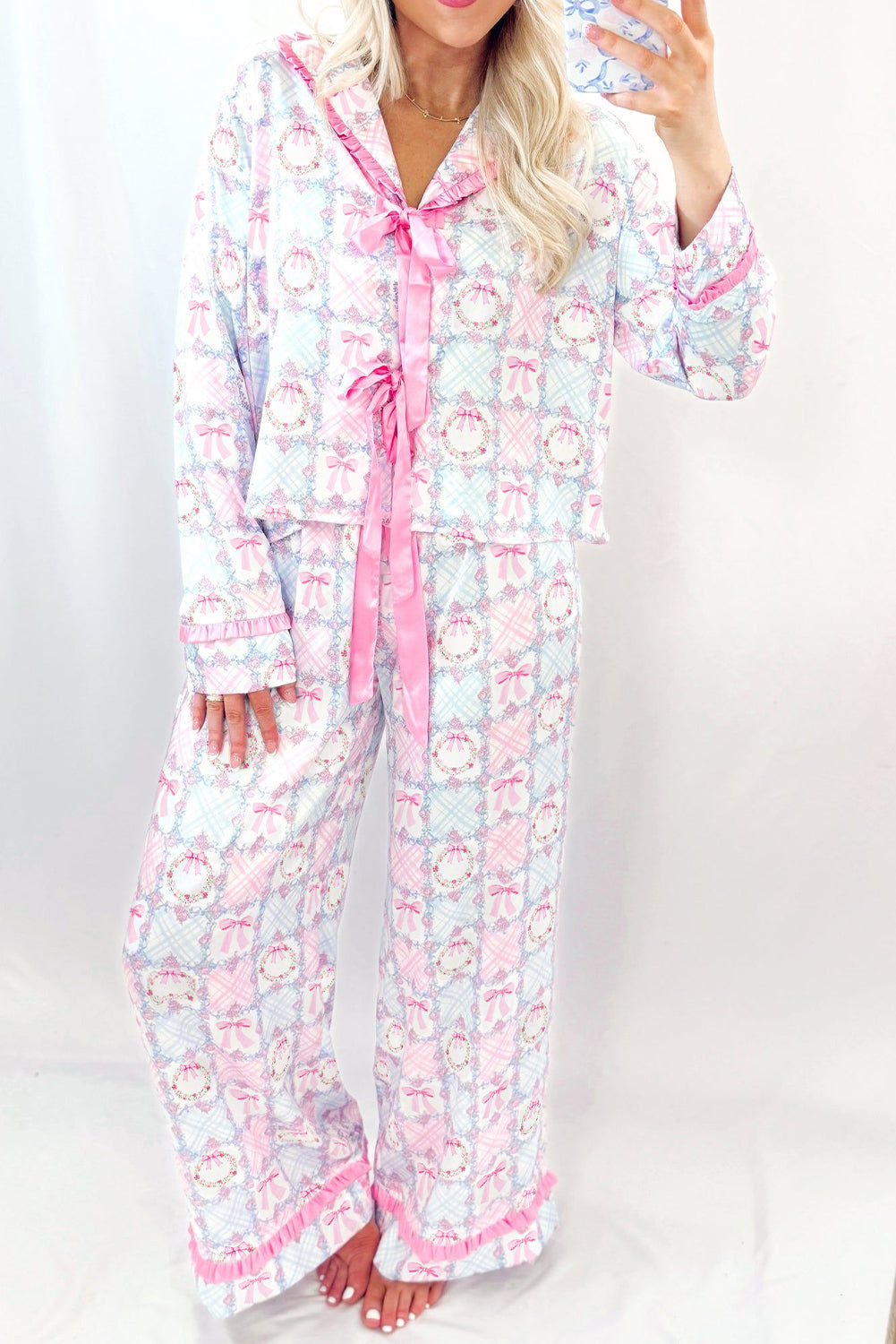 Pink Bow Wreath Pattern Christmas Holiday Tied Front Long Sleeve 2pcs Pajama Set Dear-Lover Dropshipping