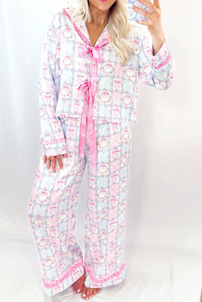 Pink Bow Wreath Pattern Christmas Holiday Tied Front Long Sleeve 2pcs Pajama Set Dear-Lover Dropshipping