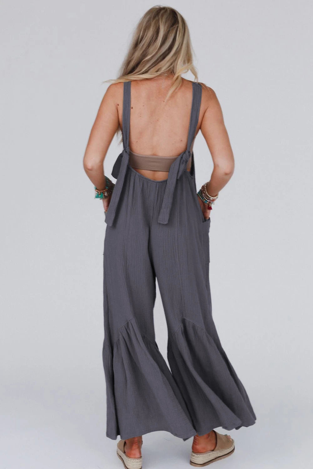 Grey Ruffle Leg Jumpsuit with Pockets & Tied Straps