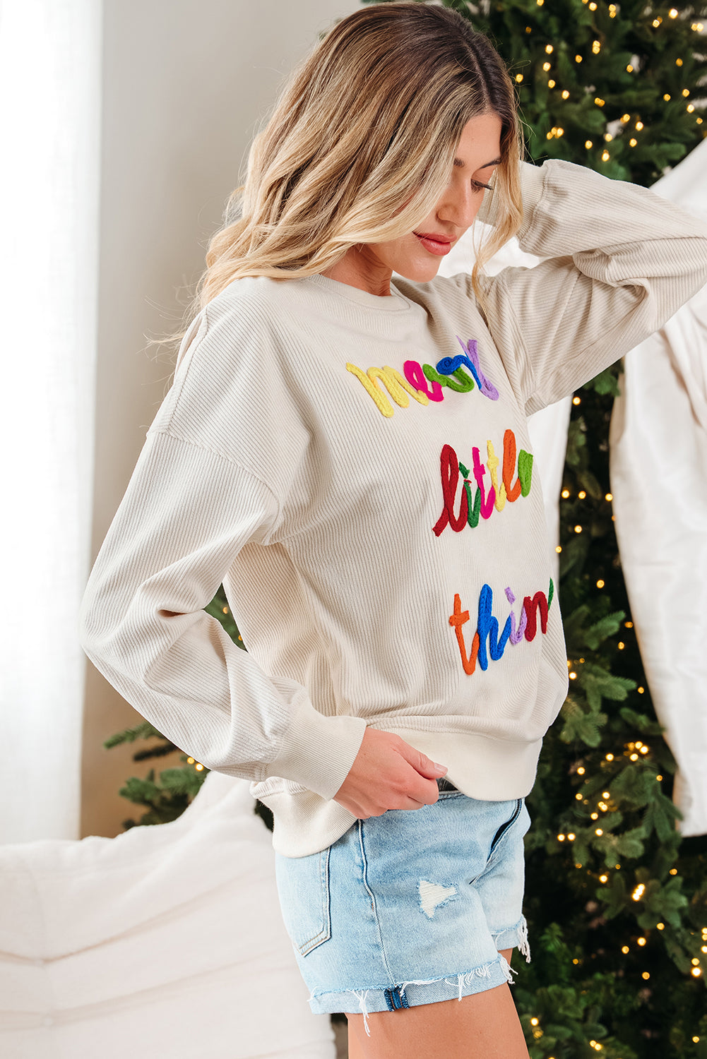 Beige merry little thing Corded Letter Graphic Ribbed Loose Sweatshirt Dear-Lover Dropshipping