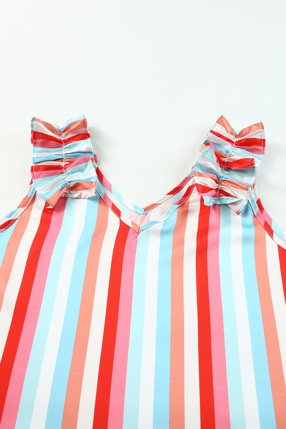 Multicolor Striped V Neck Ruffle Straps Sleeveless Shirt