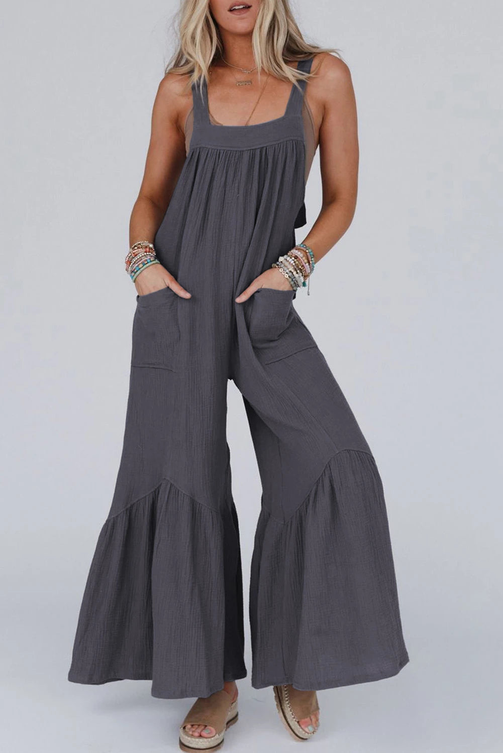 Grey Ruffle Leg Jumpsuit with Pockets & Tied Straps