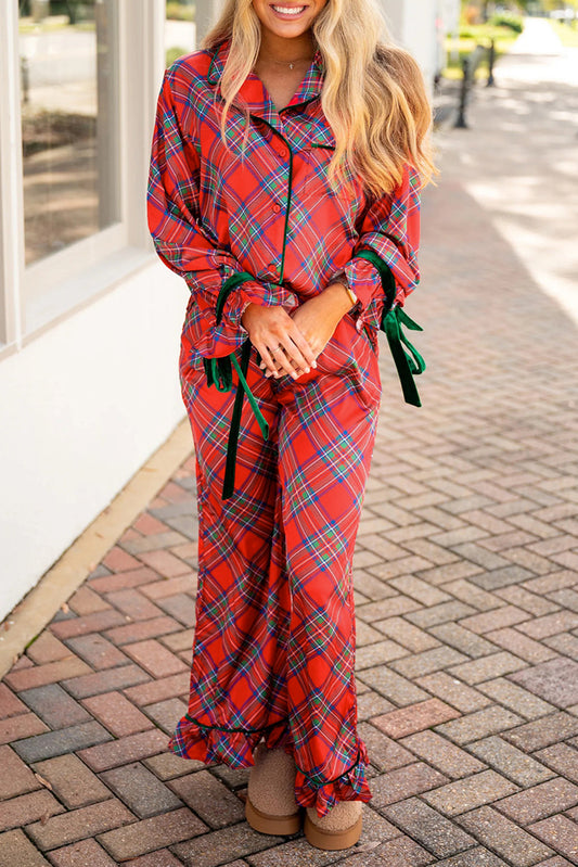 Fiery Red Christmas Plaid Satin Pajama Set Shewin