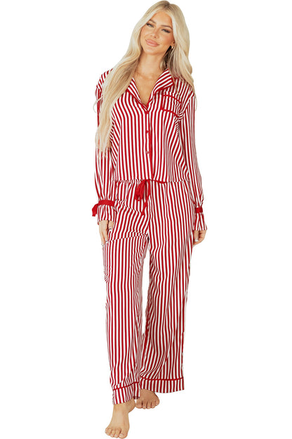 Red Stripe Contrast Velvet Trim Bow Knot Waist 2pcs Pajama Set Dear-Lover Dropshipping