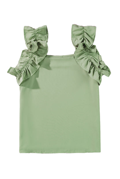 Smoke Green Plain Ruffle Trim Sleeveless Blouse