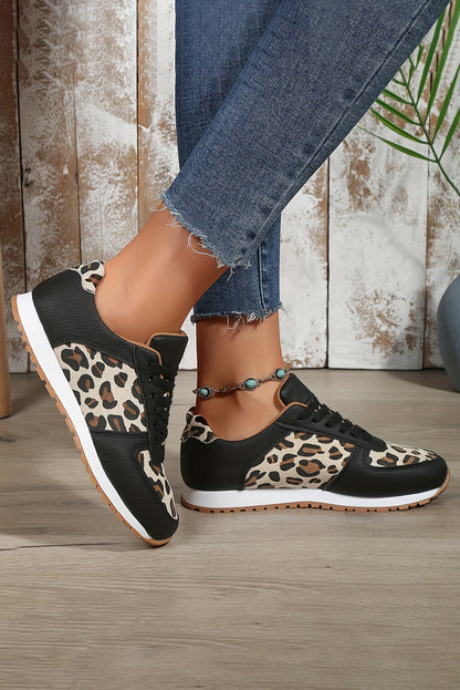 Black Casual Leopard Patchwork Lace up Sneakers