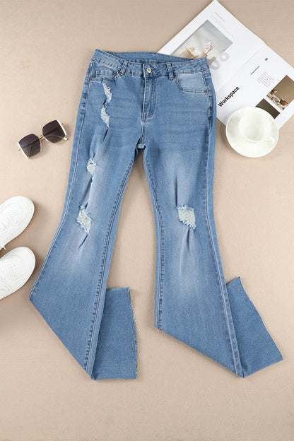 Sky Blue Dark Wash Mid Rise Flare Jeans