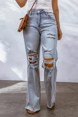 Light Blue Washed Wide Leg Raw Hem Distressed Jeans