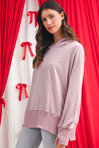 Purple Stripe Thumbhole Side Slits Drop Shoulder Loose Fit Hoodie Shewin