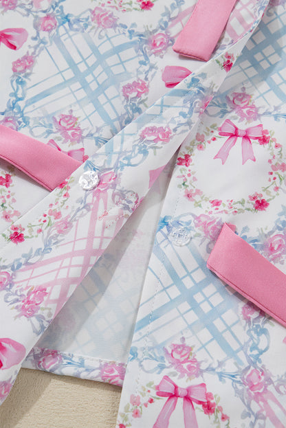 Pink Bow Wreath Pattern Christmas Holiday Tied Front Long Sleeve 2pcs Pajama Set Dear-Lover Dropshipping