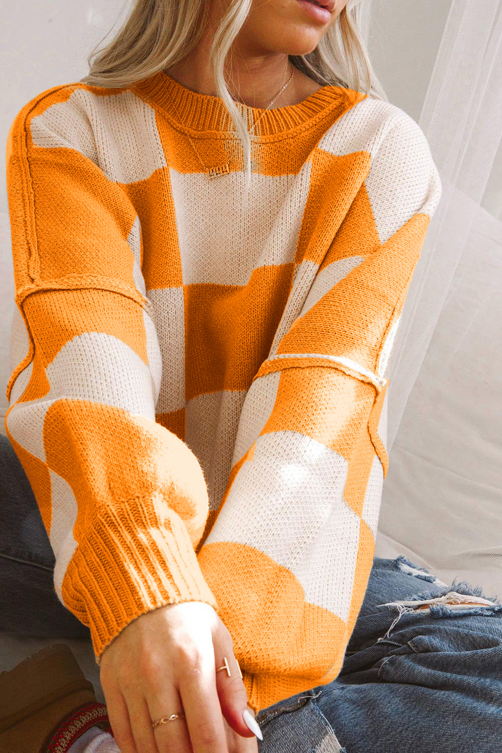 Orange & White Plaid Exposed Seam Bishop Sleeve Sweater