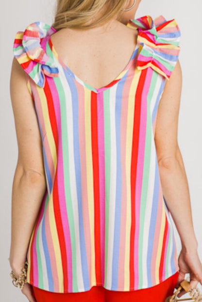 Multicolor Striped V Neck Ruffle Straps Sleeveless Shirt