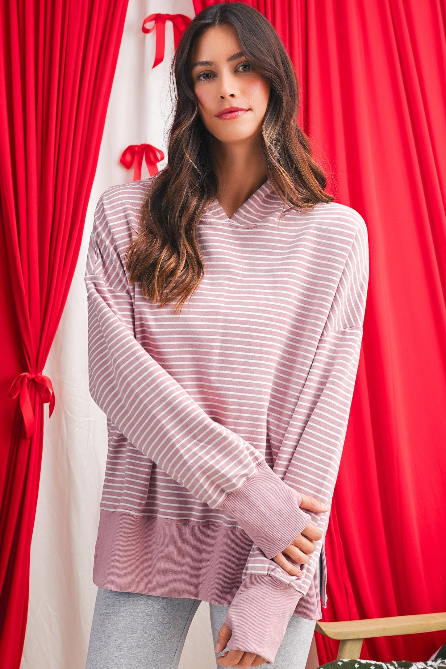 Purple Stripe Thumbhole Side Slits Drop Shoulder Loose Fit Hoodie Shewin