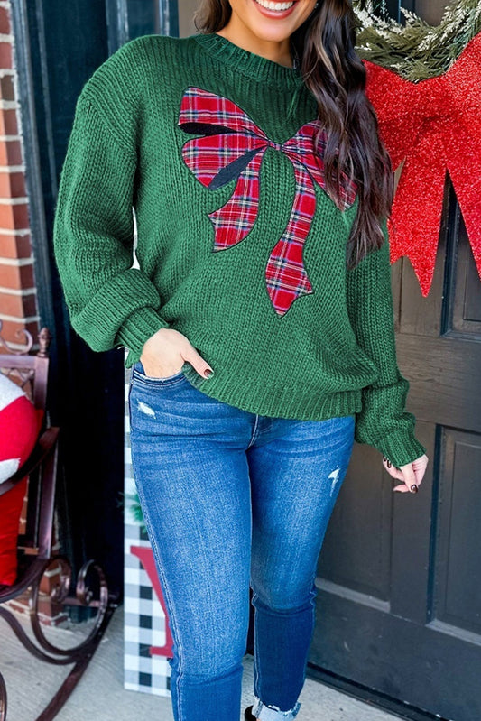 Evergreen Plaid Bow Graphic Christmas Sweater Dear-Lover Dropshipping
