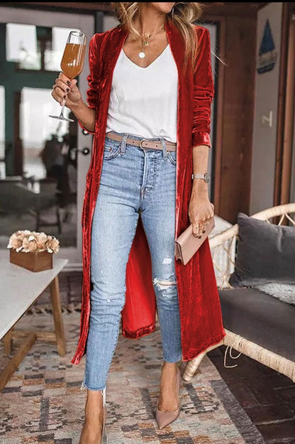 Red Velvet Open Front Long Cardigan