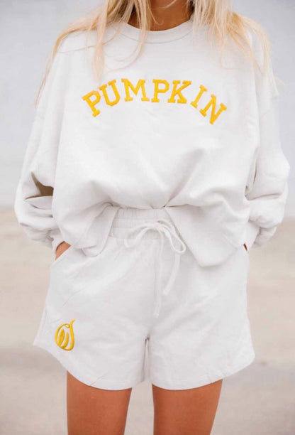 White Fall Pumpkin Top and Shorts Loungewear Set