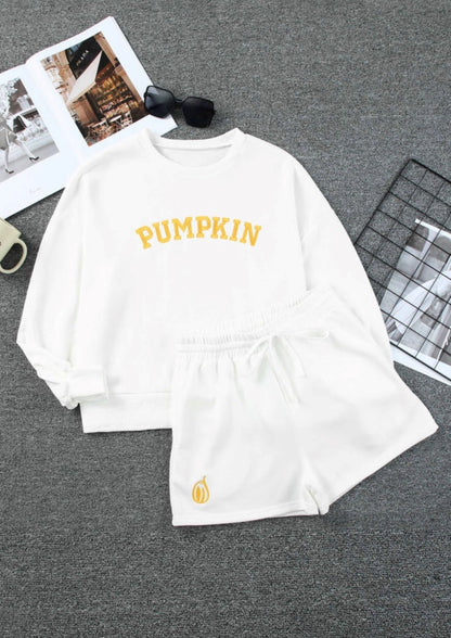 White Fall Pumpkin Top and Shorts Loungewear Set