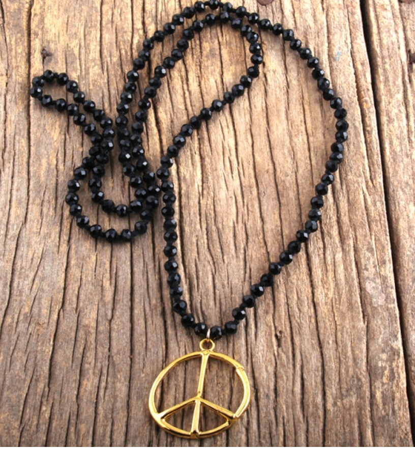 Black Peace Pendant Bead Long Necklace